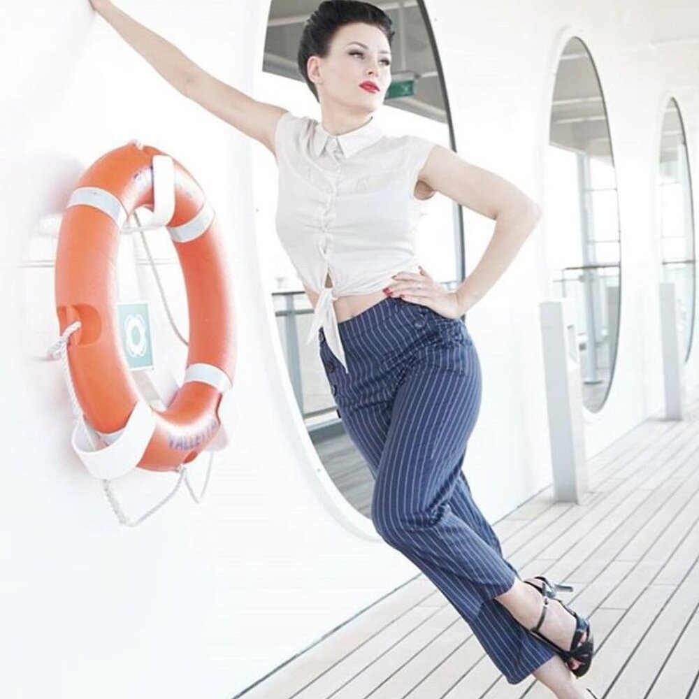 Vintage Style Blue Sailor Pants with White Pin strip by Princess Highway